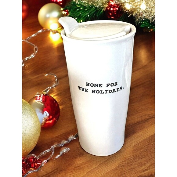 RAE DUNN Christmas Tree HOME FOR THE HOLIDAYS 2-Sided Travel Coffee Mug Lid Xmas - Picture 3 of 4